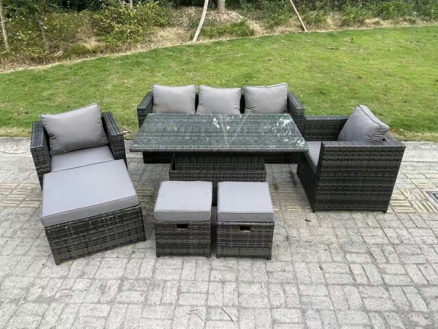 Rackhams 8 Seater Outdoor Rattan Garden Furniture Sofa Set Patio Adjustable Rising Lifting Dining Table Set with Armchairs 3 Footstools Dark Grey Mixed - image 1