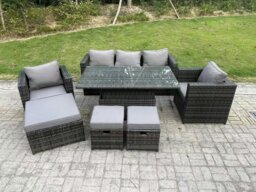 Rackhams 8 Seater Outdoor Rattan Garden Furniture Sofa Set Patio Adjustable Rising Lifting Dining Table Set with Armchairs 3 Footstools Dark Grey Mixed - thumbnail 1