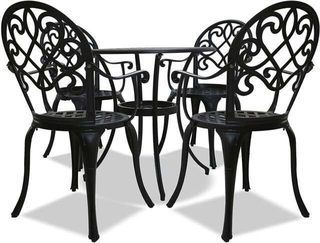 Rackhams PREGO Luxurious Garden and Patio Table and 4 Large Chairs with Armrests Cast Aluminium Bistro Set - Black - image 1