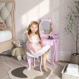 Rackhams Kids Dressing Table, Cat Design w/ Mirror, Stool, Drawer, Storage Box - Pink - 55 x 34 x 87cm