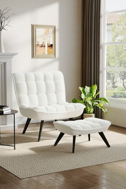 Rackhams Minimal Comfy Chair with Footstool Set for Living Reading Room - Beige - image 1