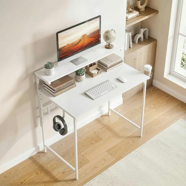 Rackhams Computer Desk, 80cm Home Office Study Table with Hutch Shelf - White - image 1