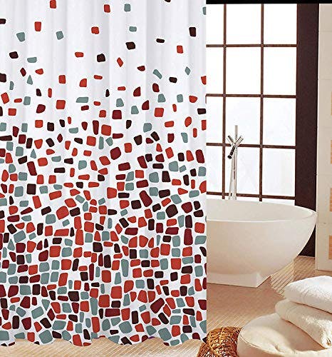 Rackhams Shower Curtain Fabric water proof extra wide for full bath coverage 220 CM (WIDE) x 180 cm (Drop) 100% Polyester Weighted Hem - Red Mosaic