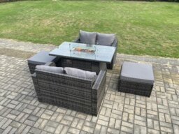 Rackhams Rattan Garden Furniture Set with Gas Fire Pit Table 5 Pieces Indoor Outdoor Loveseat Sofa Set Dark Grey Mixed - thumbnail 2