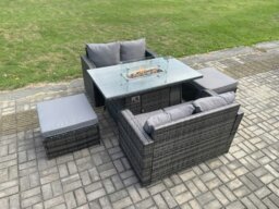 Rackhams Rattan Garden Furniture Set with Gas Fire Pit Table 5 Pieces Indoor Outdoor Loveseat Sofa Set Dark Grey Mixed - thumbnail 1