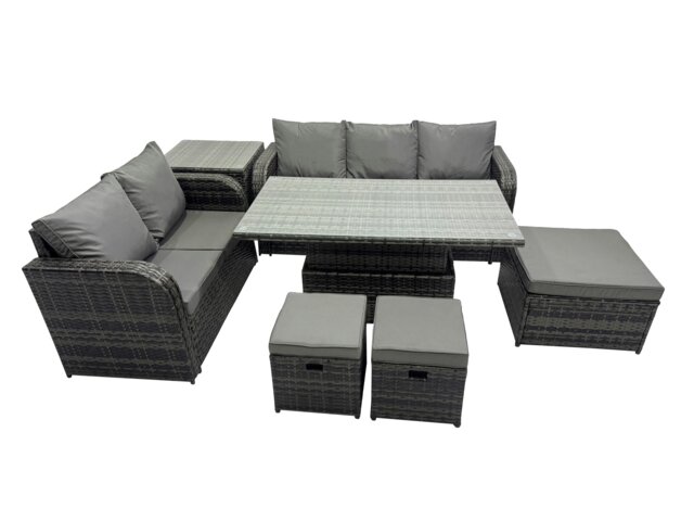 Rackhams Rattan Garden Furniture Dining Set 8 seater Patio Height Adjustable Rising Lifting Table Sofa Set with 3 Footstools Side Table Dark Grey Mixed - image 1