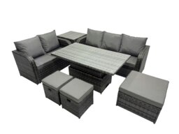 Rackhams Rattan Garden Furniture Dining Set 8 seater Patio Height Adjustable Rising Lifting Table Sofa Set with 3 Footstools Side Table Dark Grey Mixed - thumbnail 2