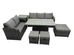 Rackhams Rattan Garden Furniture Dining Set 8 seater Patio Height Adjustable Rising Lifting Table Sofa Set with 3 Footstools Side Table Dark Grey Mixed - thumbnail 1