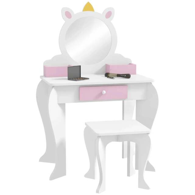Rackhams ZONEKIZ Unicorn-Design Kids Dressing Table, with Mirror and Stool - White - image 1