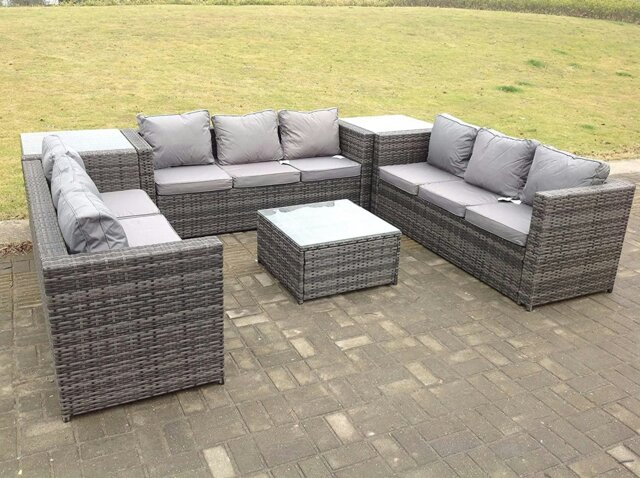 Rackhams Patio 9 Seater U Shape Rattan Sofa Set Patio Outdoor Garden Furniture With 3 Coffee Table Dark Grey Mixed - image 1