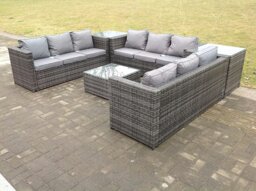 Rackhams Patio 9 Seater U Shape Rattan Sofa Set Patio Outdoor Garden Furniture With 3 Coffee Table Dark Grey Mixed - thumbnail 2