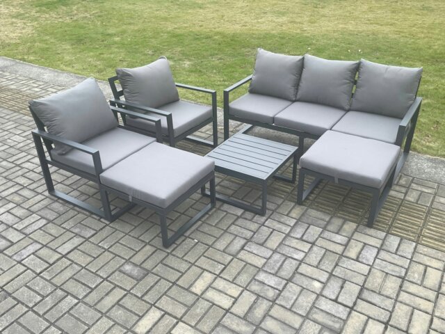 Rackhams Aluminium Outdoor Lounge Sofa Set Garden Furniture Sets with Square Coffee Table 2 Chairs 2 Big Footstools Dark Grey 7 Seater - image 1