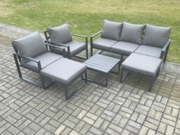 Rackhams Aluminium Outdoor Lounge Sofa Set Garden Furniture Sets with Square Coffee Table 2 Chairs 2 Big Footstools Dark Grey 7 Seater - thumbnail 1