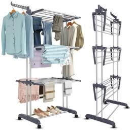 Rackhams Airer Clothes Drying Rack, 4-Tier Foldable Stainless Steel Clothes Airer with Wheels and Side Wings - Large - thumbnail 1