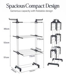 Rackhams Airer Clothes Drying Rack, 4-Tier Foldable Stainless Steel Clothes Airer with Wheels and Side Wings - Large - thumbnail 2