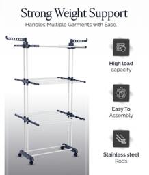Rackhams Airer Clothes Drying Rack, 4-Tier Foldable Stainless Steel Clothes Airer with Wheels and Side Wings - Large - thumbnail 3