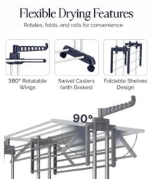 Rackhams Airer Clothes Drying Rack, 4-Tier Foldable Stainless Steel Clothes Airer with Wheels and Side Wings - Large - thumbnail 5
