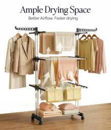 Rackhams Airer Clothes Drying Rack, 4-Tier Foldable Stainless Steel Clothes Airer with Wheels and Side Wings - Large - thumbnail 4