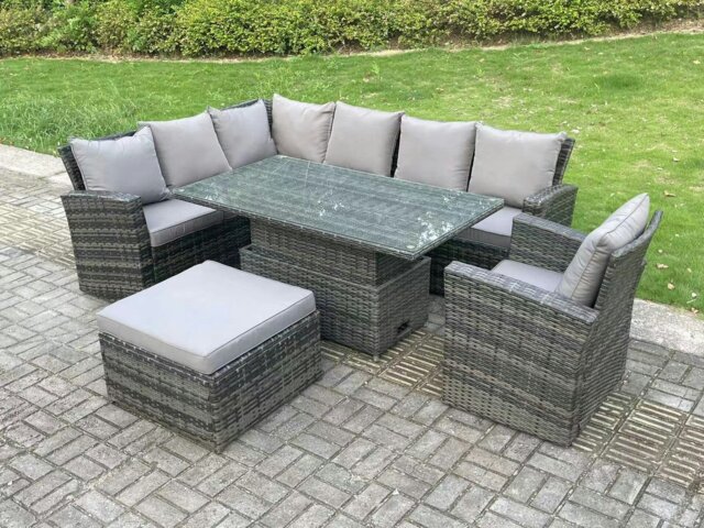 Rackhams 8 Seater?Outdoor High Back Rattan Adjustable Rising Lifting Dining Table Corner Sofa Set Garden Furniture Set Dark Grey Mixed Left Hand - image 1