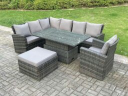 Rackhams 8 Seater?Outdoor High Back Rattan Adjustable Rising Lifting Dining Table Corner Sofa Set Garden Furniture Set Dark Grey Mixed Left Hand - thumbnail 2