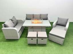 Rackhams Patio 9 Seater Outdoor Rattan Furniture Sofa Sets with Fire Pit Dining Table Reclining Chair Loveseat Sofa 3 Seater Sofa Stool Light Grey - thumbnail 1