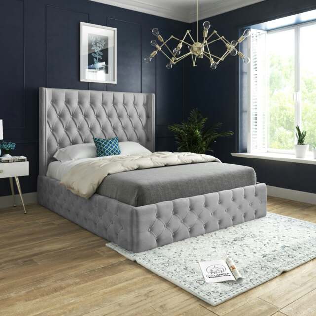 Rackhams Tammy Upholstered Soft Velvet Metal Bed Frame - Cream - Grey - Small single - image 1