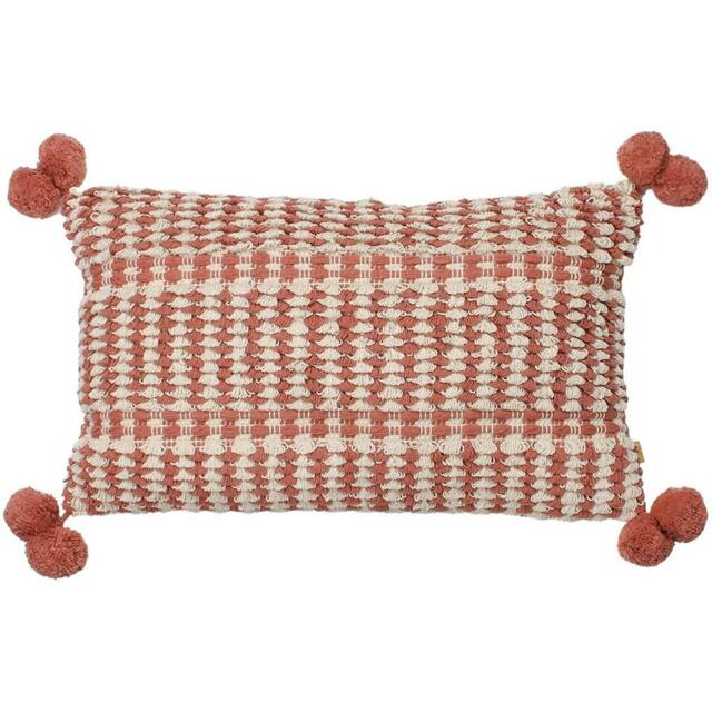 Rackhams Ayaan Pom Pom Cushion Cover - Brick Red/White - 30cm x 50cm - Brick Red/White - 100% Cotton - image 1