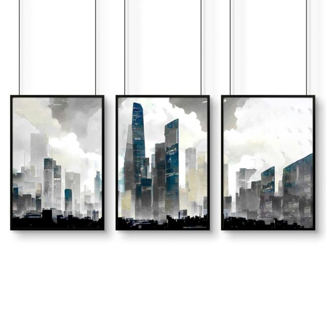 Rackhams Modern Wall Art For Living Room Uk - Set of 3 Urban Skyscrapers Wall art Prints - A2 16.54 x 23.39 in / 42 x 59.4 cm - Satin Photo paper 280 gsm - Black Frame - image 1
