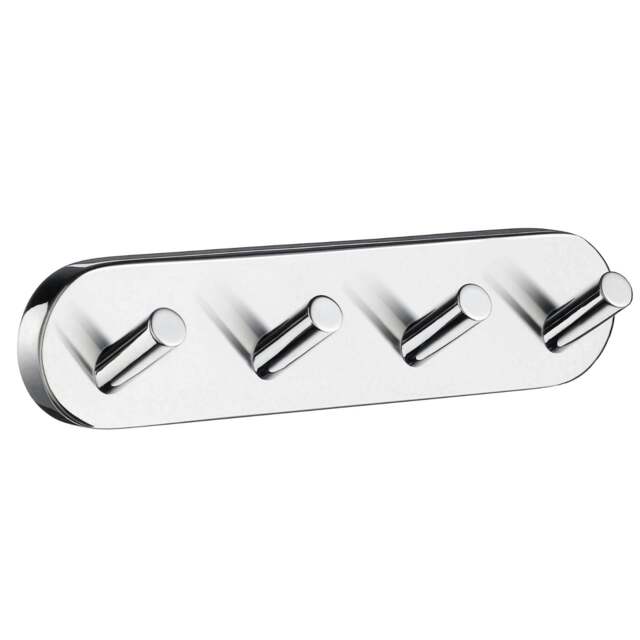 Rackhams Polished Chrome Quadruple Towel Hook Rail 40mm x 178mm Wall Mounted Bathroom Rounded Robe Hooks Clothes Hanger Coat Peg
