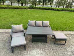 Rackhams 5-Piece Aluminium Garden Furniture Sets 6 Seater Outdoor Conversational Dining Set with Adjustable Rising Lifting Dining Table - thumbnail 1