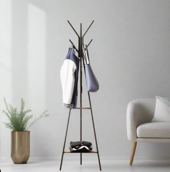 Rackhams Industrial Coat Rack Stand with 2 Shelves – Freestanding Hall Tree with 6 Hooks - image 1
