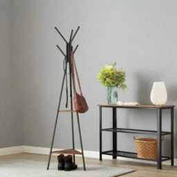 Rackhams Industrial Coat Rack Stand with 2 Shelves – Freestanding Hall Tree with 6 Hooks - thumbnail 2