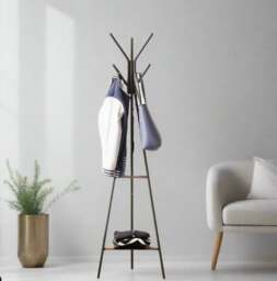 Rackhams Industrial Coat Rack Stand with 2 Shelves – Freestanding Hall Tree with 6 Hooks