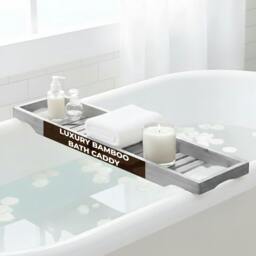 Rackhams HOME COLLECTION LKH Expandable Bamboo Bath Tray Caddy - Bathtub Rack with Wine Glass Holder, Mobile, Tablet & Book Stand - Retractable & Foldable - Grey - thumbnail 1