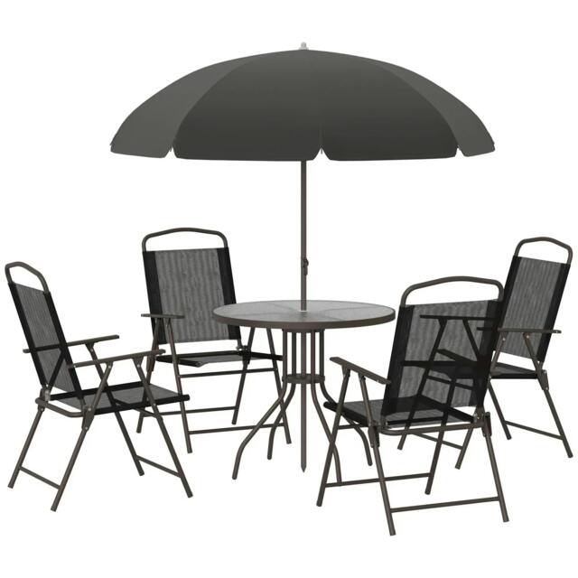 Rackhams 6 Piece Garden Dining Set with Umbrella, Patio Sets with Parasol with 4 Folding Dining Chairs & Round Tempered Glass Table, Black - image 1