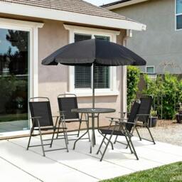 Rackhams 6 Piece Garden Dining Set with Umbrella, Patio Sets with Parasol with 4 Folding Dining Chairs & Round Tempered Glass Table, Black - thumbnail 2