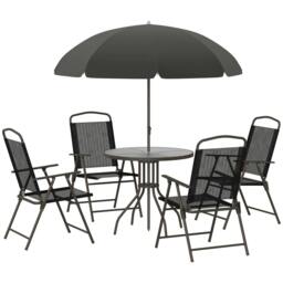 Rackhams 6 Piece Garden Dining Set with Umbrella, Patio Sets with Parasol with 4 Folding Dining Chairs & Round Tempered Glass Table, Black - thumbnail 1