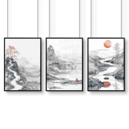 Rackhams Modern Living Room Art - Set of 3 Asian Inspired Wall art Prints - 20 x 30 in / 50 x 76 cm - Matte Museum Quality Art Paper 290 gsm - Black Frame - thumbnail 1