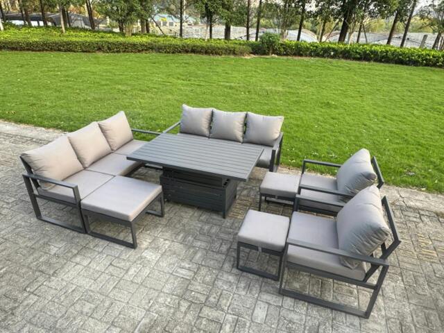 Rackhams 11 Seater Aluminium Garden Furniture Set Set with Adjustable Rising Dining Table & 3 Footstools - Dark Grey - image 1