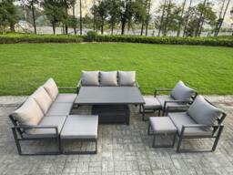 Rackhams 11 Seater Aluminium Garden Furniture Set Set with Adjustable Rising Dining Table & 3 Footstools - Dark Grey - thumbnail 2