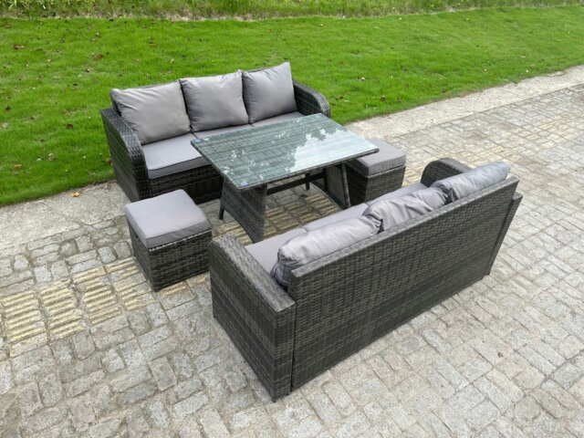 Rackhams Outdoor Rattan Garden Furniture Sofa Set Dining Table Curved Arm Lounge Sofa Small Footstools 8 Seater - image 1