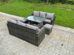 Rackhams Outdoor Rattan Garden Furniture Sofa Set Dining Table Curved Arm Lounge Sofa Small Footstools 8 Seater - thumbnail 2