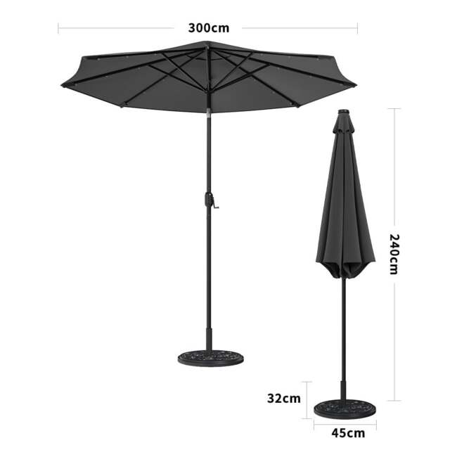 Rackhams 3M Garden Parasol Sun Umbrella Dark Grey Iron With Solar LED Lights - 10KG Petal cement tank base - image 1