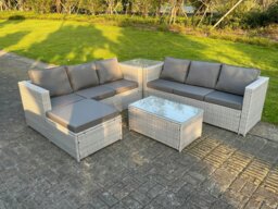 Rackhams Light Grey Outdoor Rattan Garden Furniture Set Lounge Sofa Set 2 Coffee Table Big Footstool - thumbnail 1
