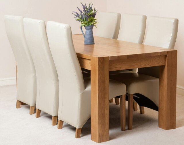 Rackhams Kuba Large Oak Dining Table with Lola Leather Chairs - 6 chairs - Ivory - image 1
