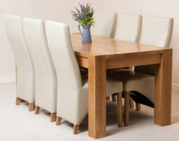 Rackhams Kuba Large Oak Dining Table with Lola Leather Chairs - 6 chairs - Ivory - thumbnail 1