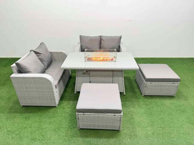 Rackhams 6 Seater Outdoor Love Sofa Set Rattan Garden Furniture Set with Fire Pit Dining Table 2 Footstool Light Grey - image 1
