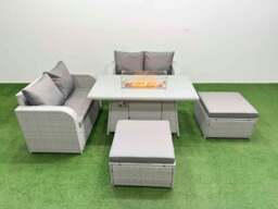 Rackhams 6 Seater Outdoor Love Sofa Set Rattan Garden Furniture Set with Fire Pit Dining Table 2 Footstool Light Grey - thumbnail 1