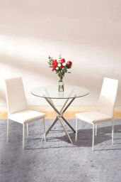 Rackhams 3pcs Dining Table Set of 2 Modern Faux Leather Dining Chairs and Tempered Glass Table - White