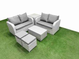 Rackhams 6 Seater Outdoor Love Sofa Set Rattan Garden Furniture Set with Rectangular Coffee Table 2 Small Stools Side Table Light Grey - thumbnail 1